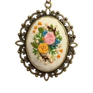 Pretty Floral Embroidery Cameo Pendant Handmade Necklace